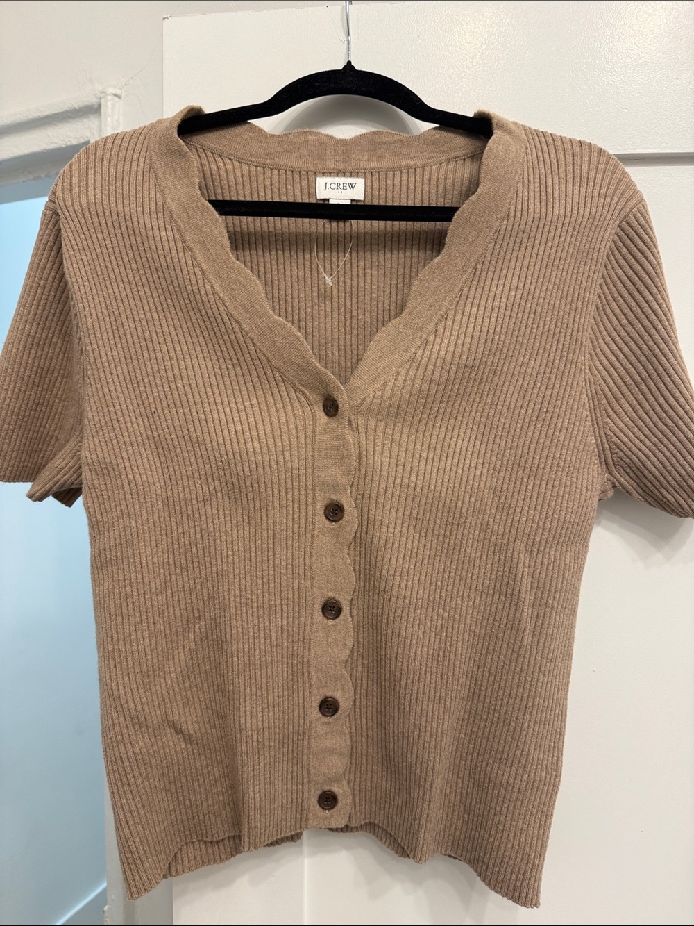 J. Crew Scalloped Ribbed Short Sleeve Cardigan - Camel Brown